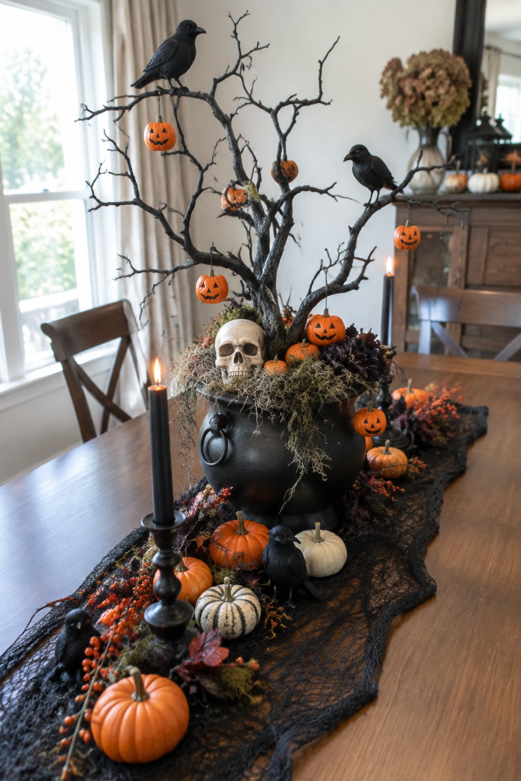 Dining table with a large black cauldron centerpiece holding bare branches, hanging jack-o'-lanterns, a skull, and crows, surrounded by smaller pumpkins on a black lace runner.