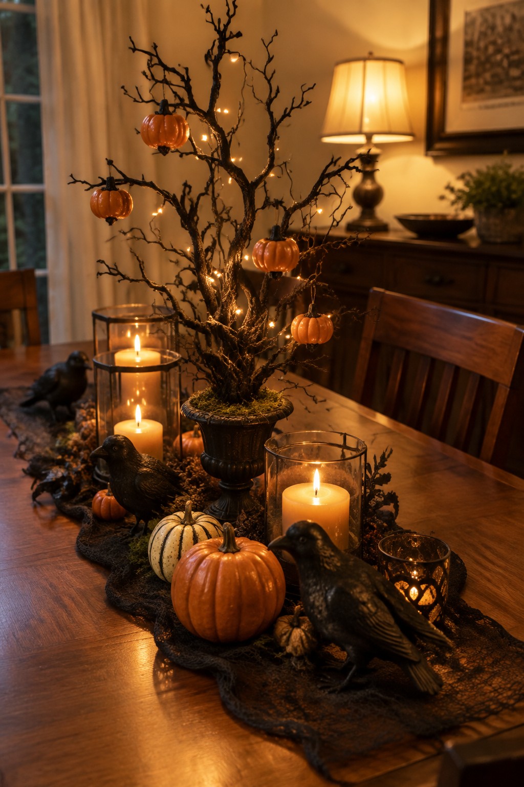Dining table with a black branch centerpiece holding small orange pumpkins, surrounded by lit candles in glass holders, black crow figures, and additional pumpkins on a dark lace runner.
