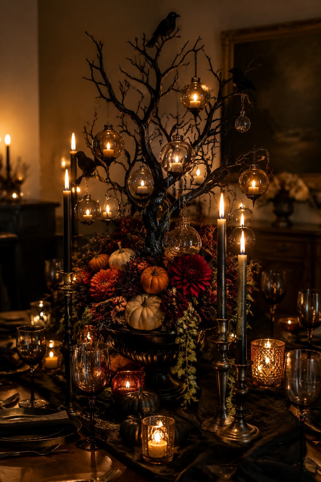 Dining table with a large black branch centerpiece holding hanging glass candle holders and crows, set in an urn surrounded by pumpkins and dark flowers.