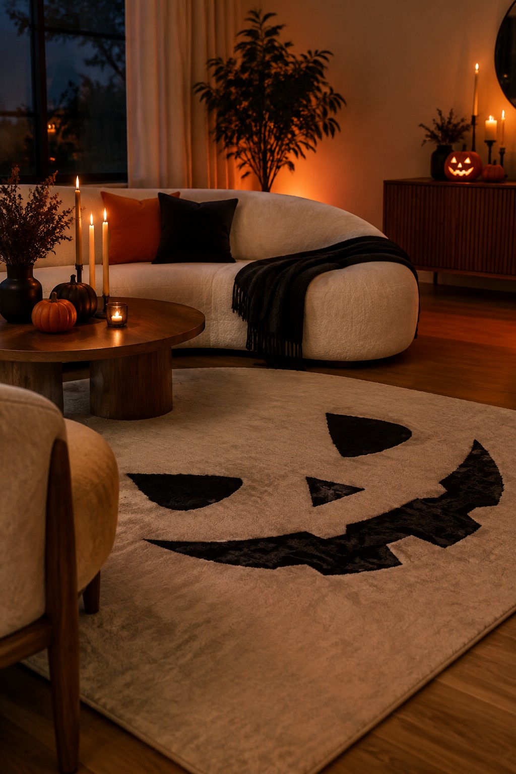 Cozy living room with large jack-o'-lantern rug, sofa, and lit candles