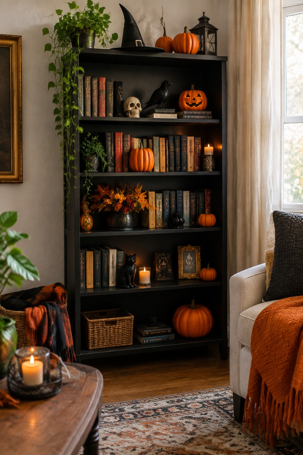 Black bookshelf in a living room decorated with orange pumpkins, a lit jack o lantern, a skull, a black crow, a witch hat, and a black cat figurine among rows of books.