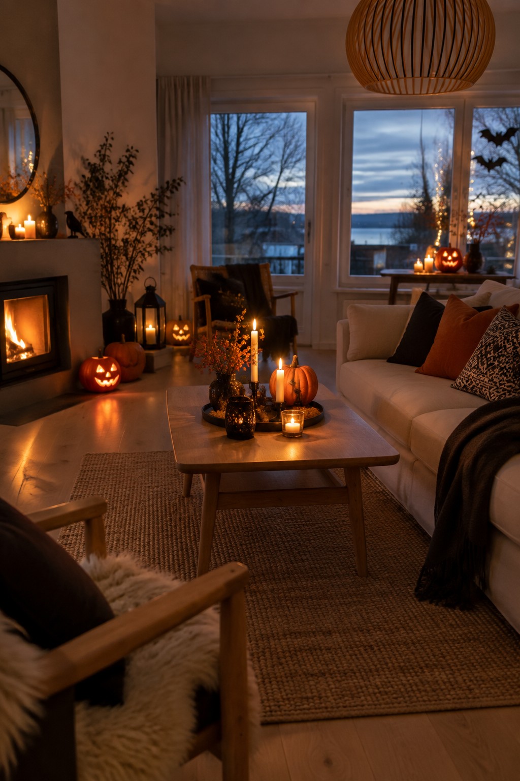 Cozy living room with carved pumpkins, glowing candles, sofa, and burning fireplace at dusk