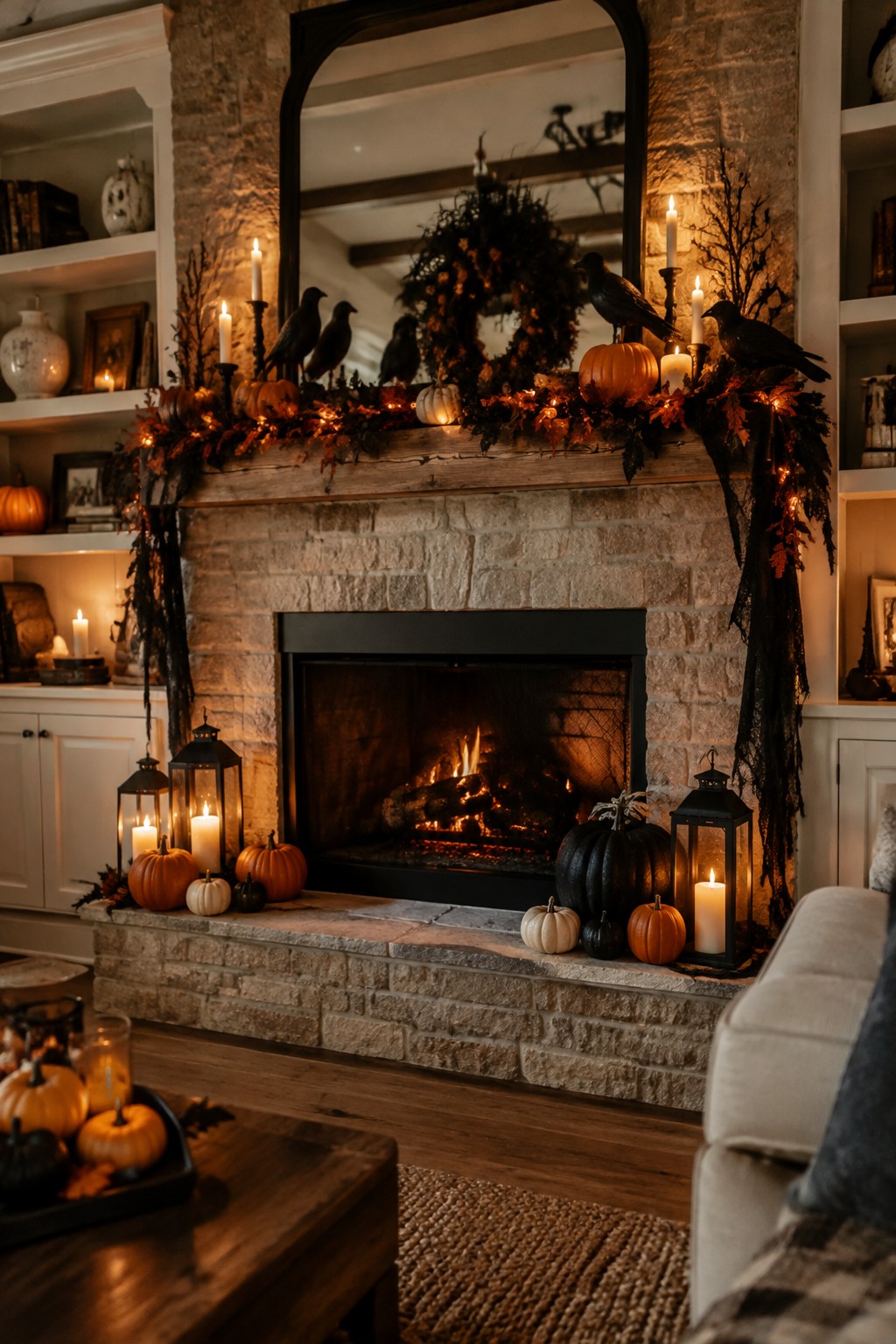 Stone fireplace mantel styled for Halloween with black crows, a dark wreath, pumpkins, and string lights along the top.