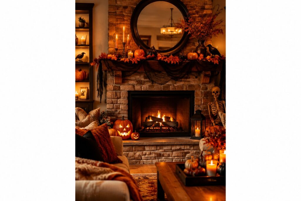 Cozy stone fireplace with blazing fire, pumpkins, candles, lanterns, and autumn decorations.