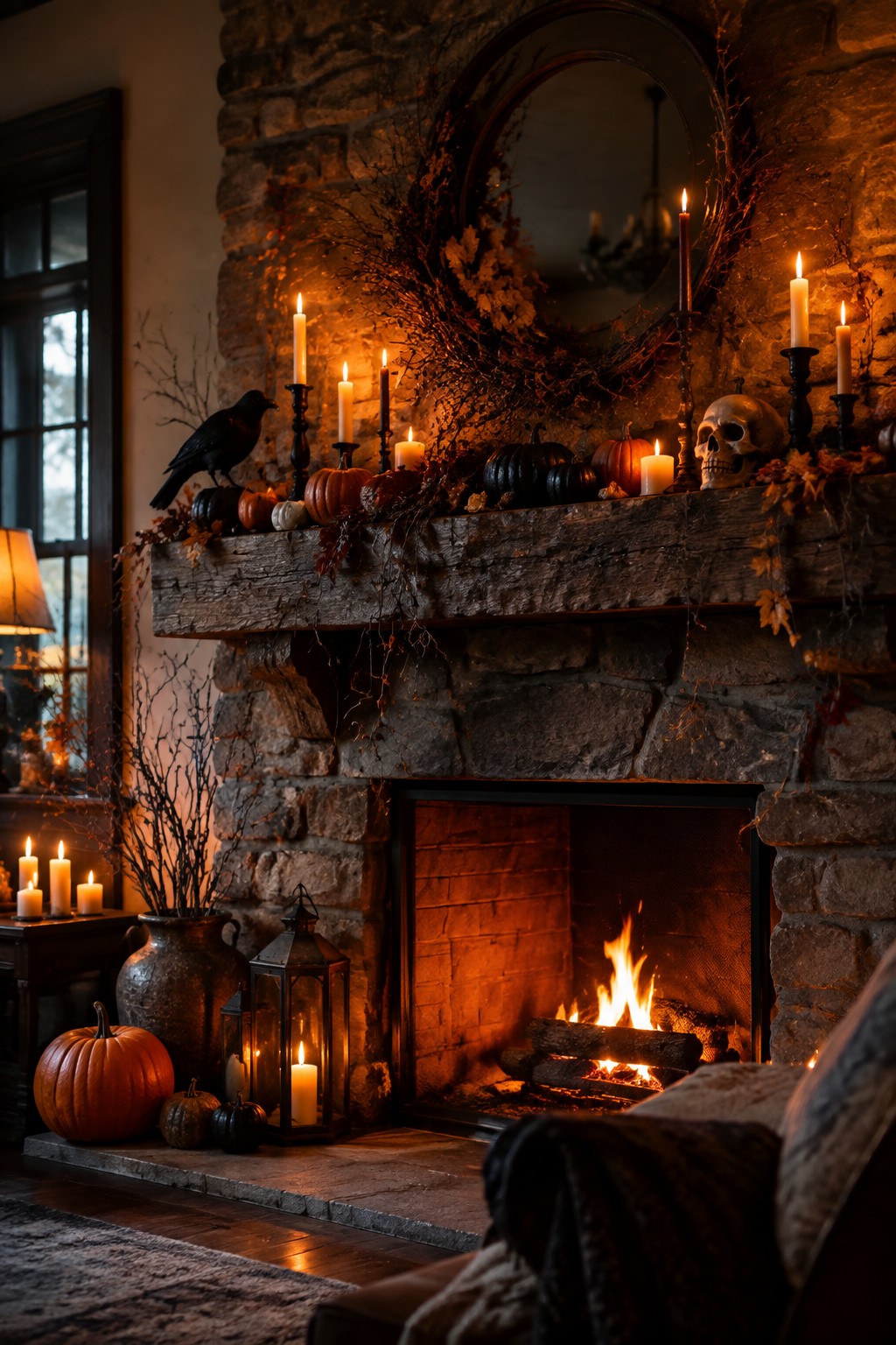 Stone fireplace mantel lined with orange and black pumpkins, lit candles, a skull, and a black crow for Halloween.