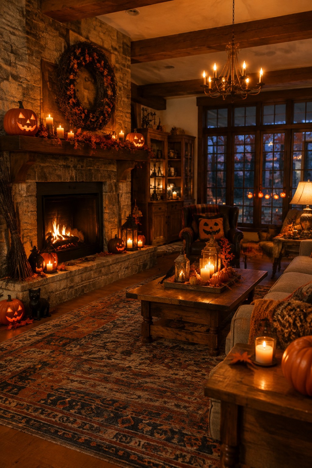 Stone fireplace mantel decorated with multiple carved jack-o'-lantern pumpkins, candles, and a leafy wreath in a living room.