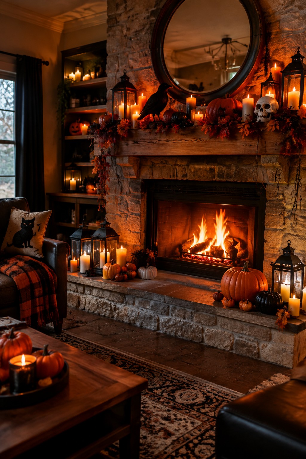 Cozy stone fireplace with blazing fire, pumpkins, candles, lanterns, and autumn decorations.