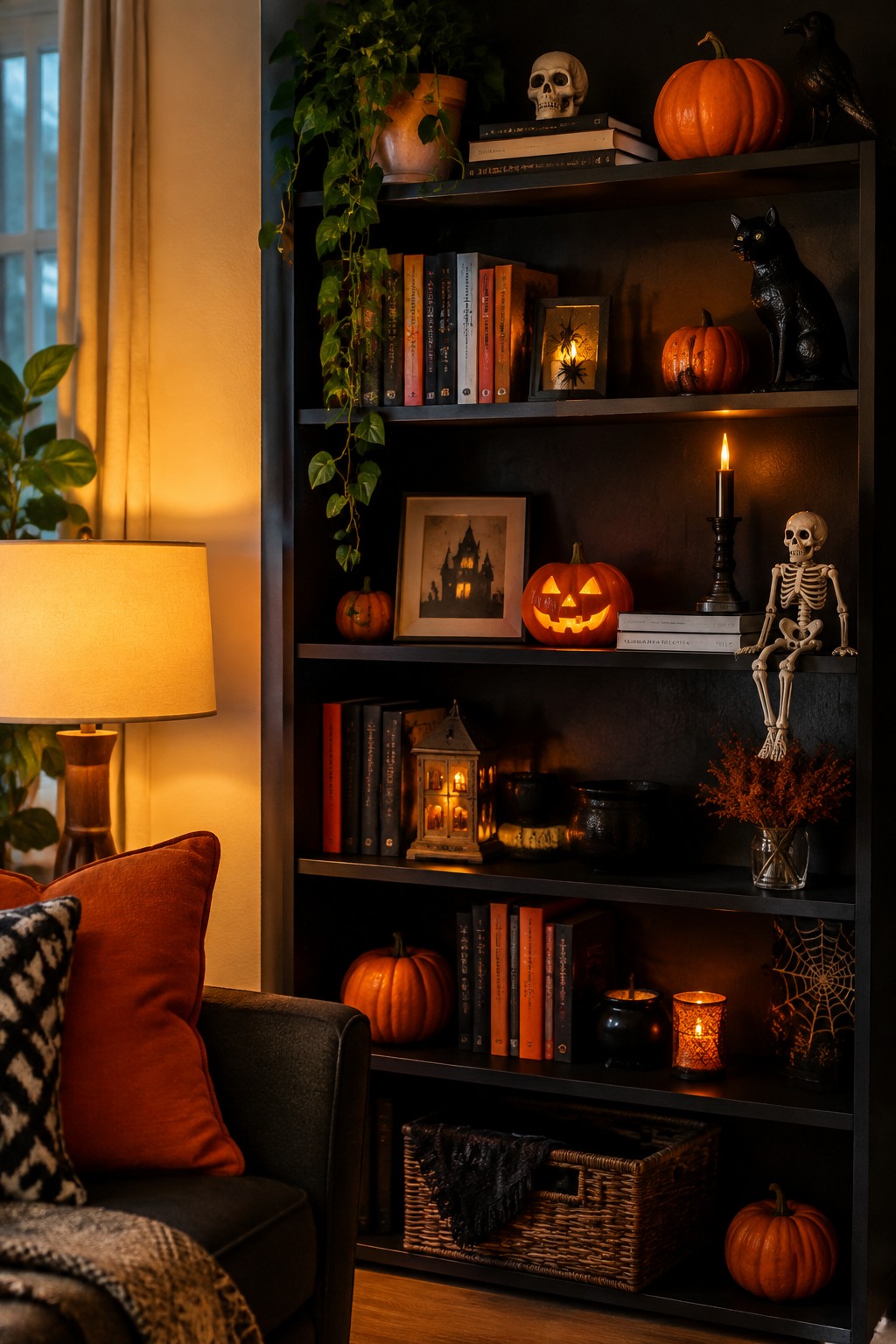 Dark built-in bookshelf decorated with glowing jack o lanterns, a small skeleton, black cat figurine, and books for Halloween.