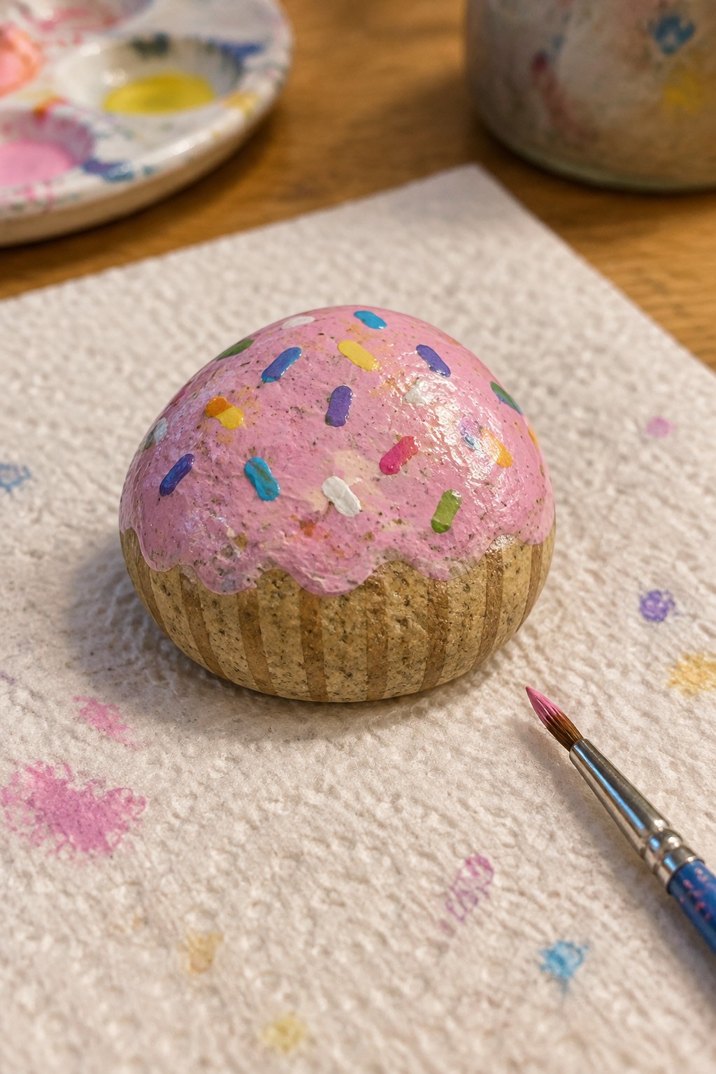 Painted rock donut with pink icing and colorful sprinkles on stained paper towel beside brush