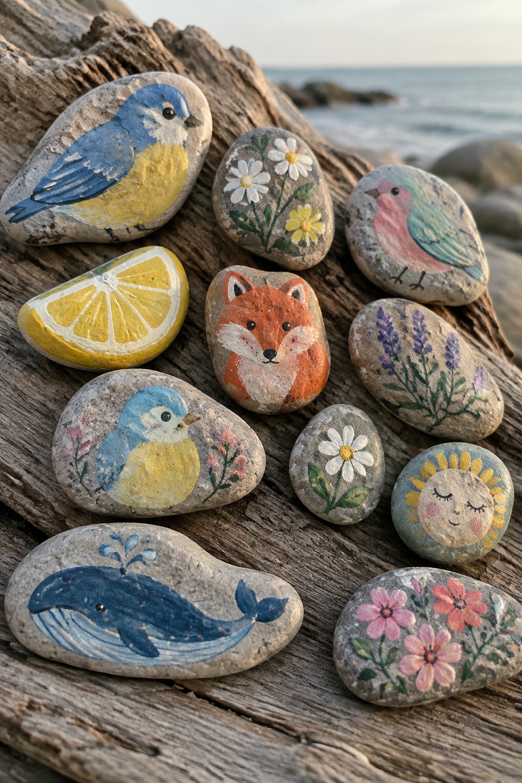 Colorful painted rocks with birds, fox, whale, flowers and sun on driftwood by sea