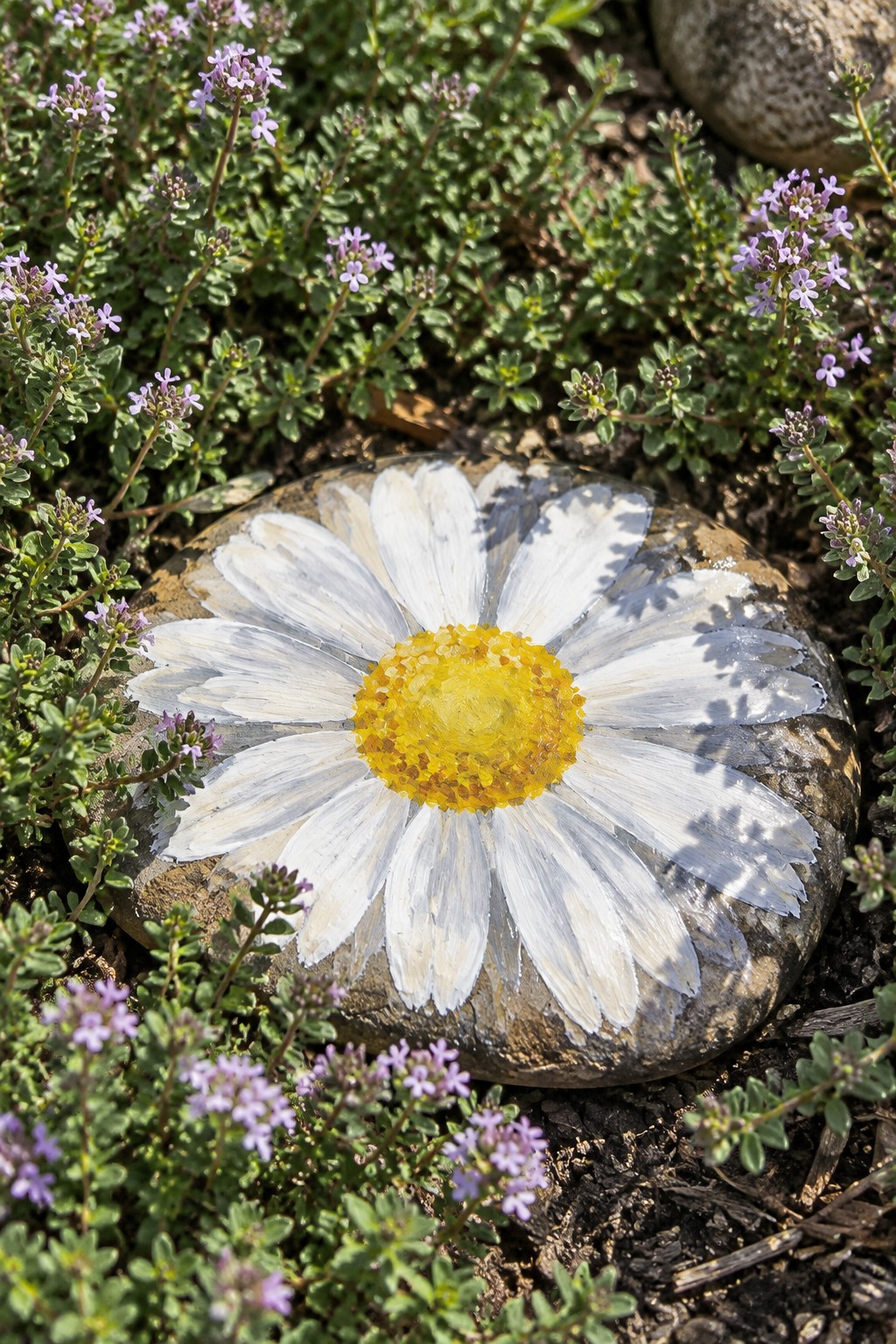 Rock painted as daisy with white petals and yellow center among purple flowers