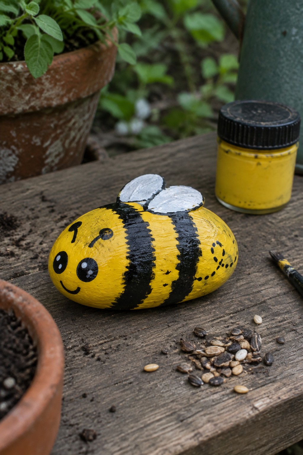 Yellow and black striped bee painted on rock beside yellow paint jar and seeds.