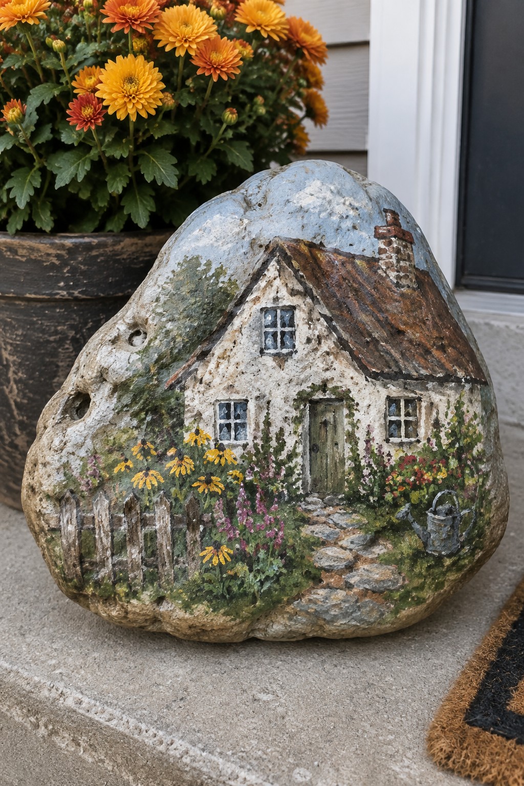 Painted rock cottage with garden, flowers, fence, path, and watering can