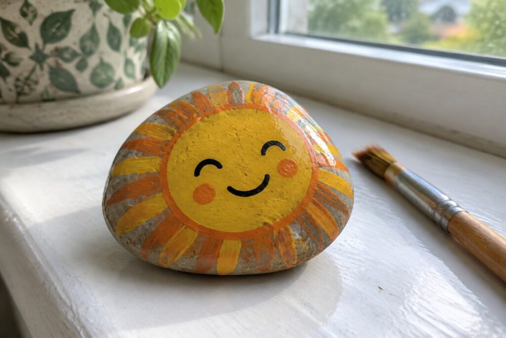 Painted rock with smiling yellow sun and orange rays beside paintbrush on windowsill