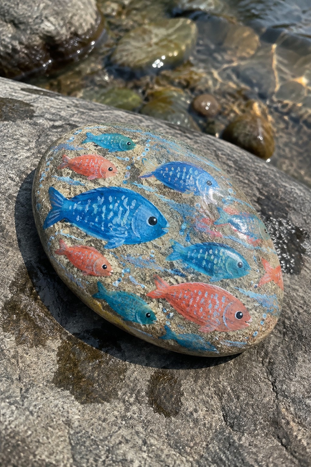 A smooth rounded stone painted with red, blue, and teal fish swimming among blue waves and dots rests on a wet rock surface near water.