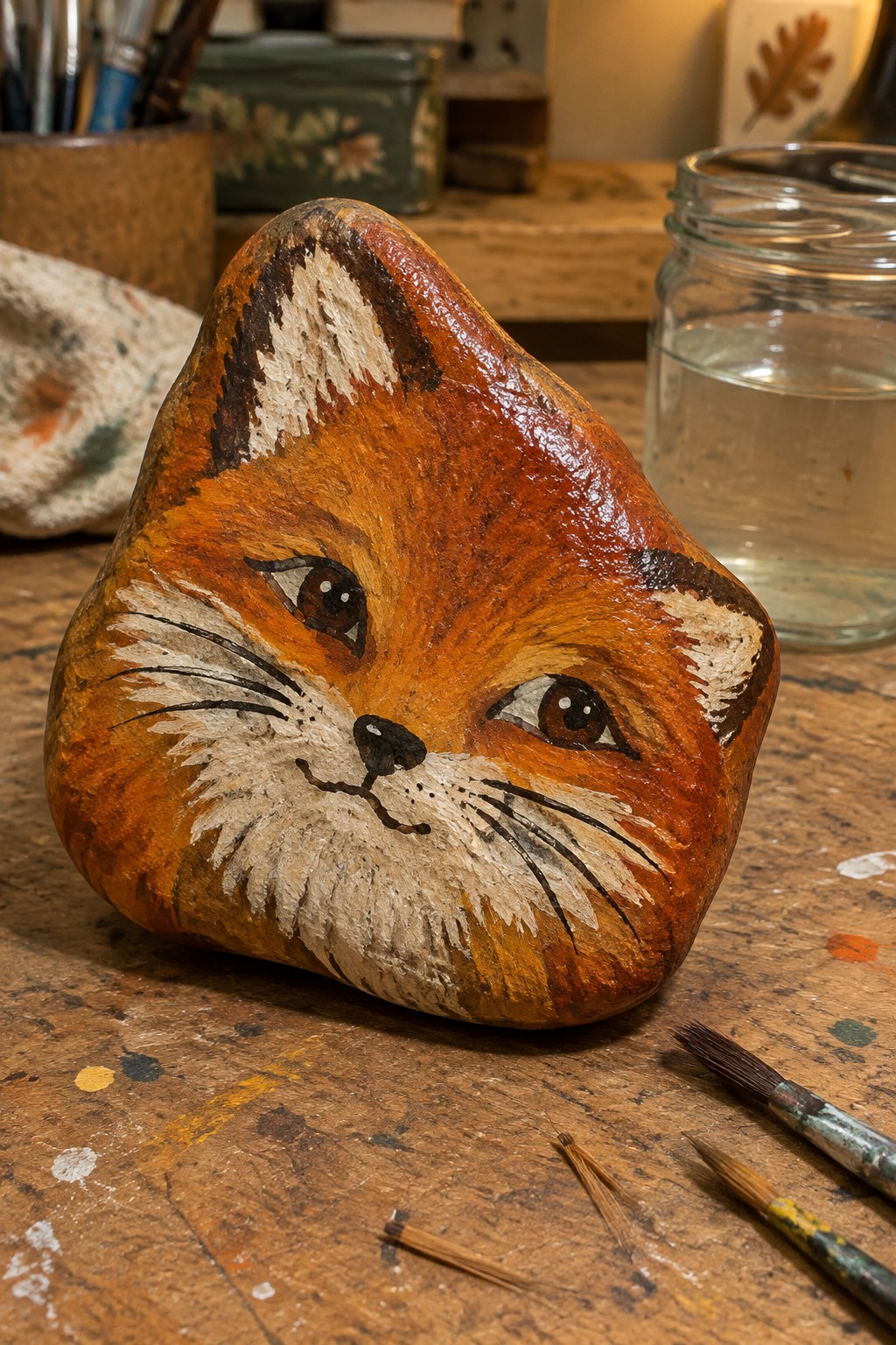 Painted orange fox rock on wooden table with brushes and water jar