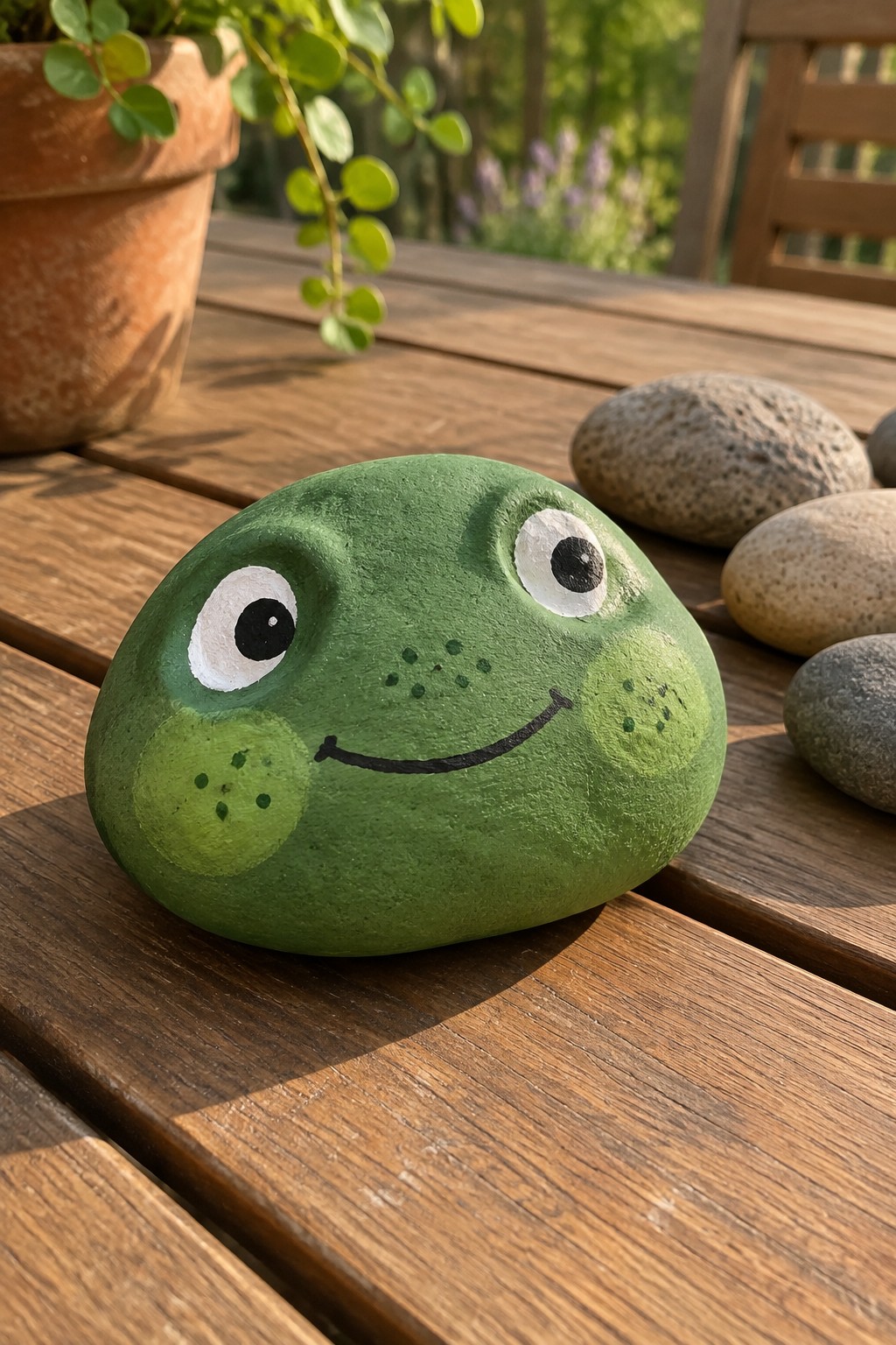 Green painted frog rock with big eyes and smile on wooden table
