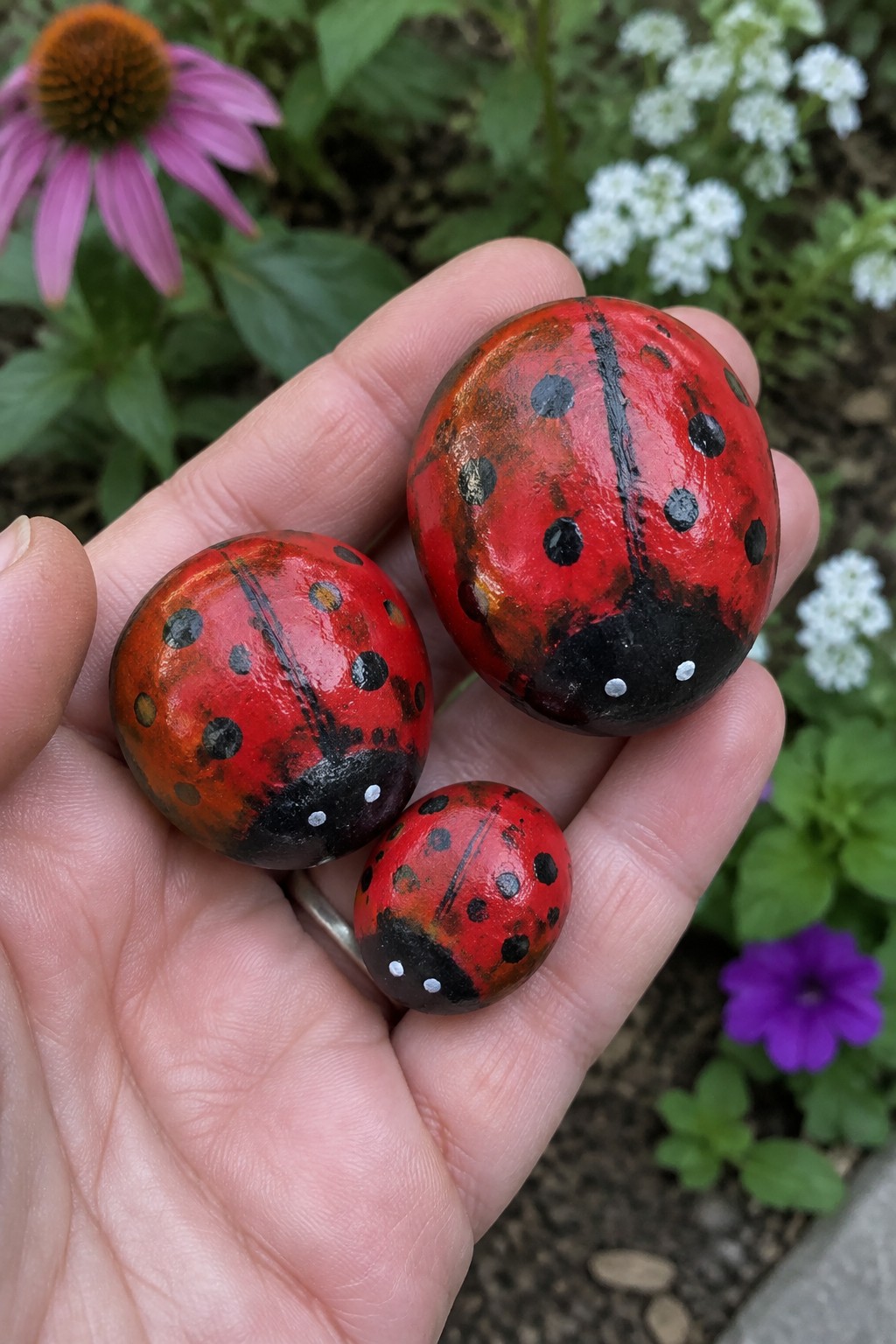 Hand holding three red and black painted ladybug stones amid garden flowers