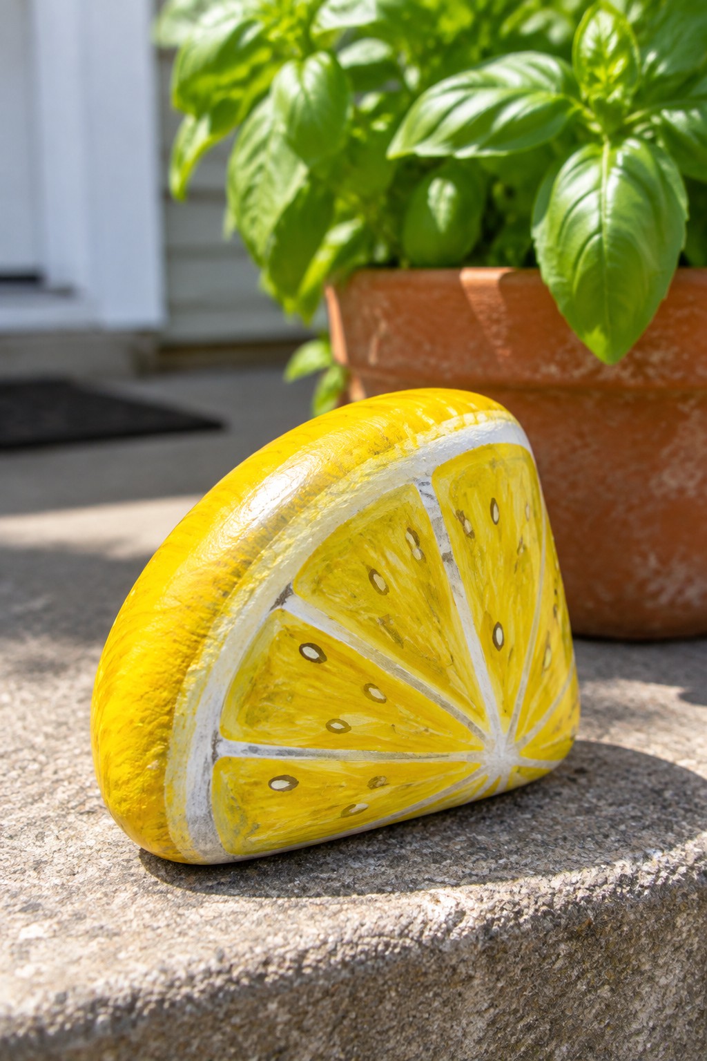 Yellow lemon-slice painted rock on stone surface with basil plant behind.