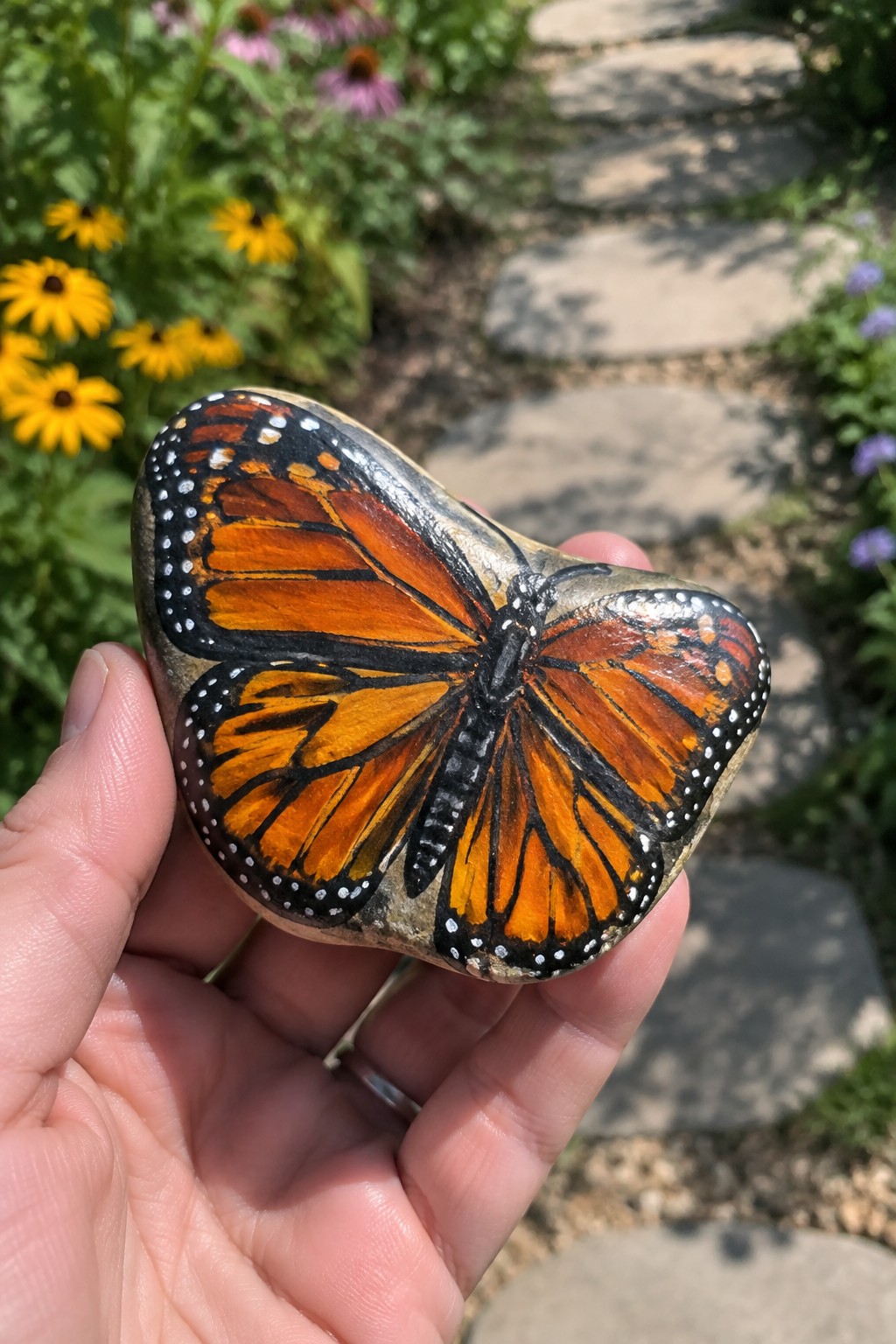 Hand holding rock painted as monarch butterfly with orange black wings