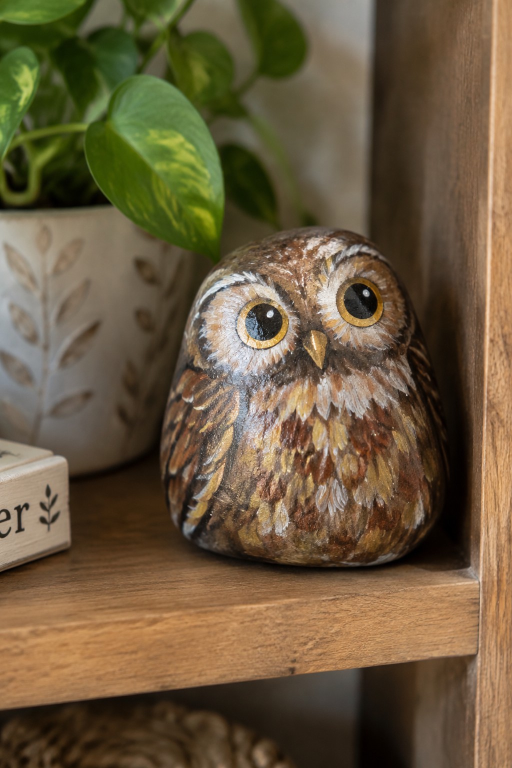 Hand-painted owl rock with brown feathers and large eyes on wooden shelf beside plant
