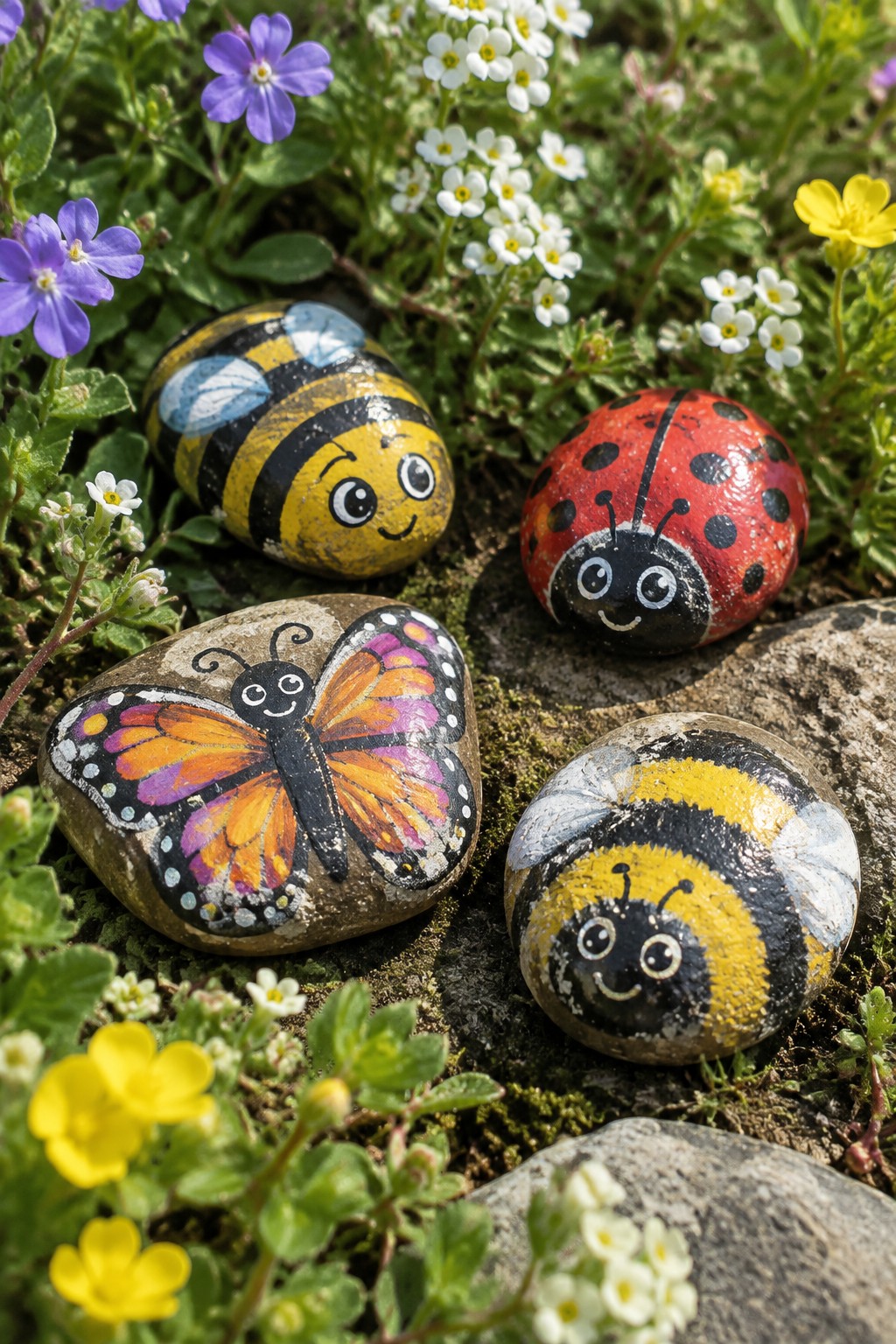 Brightly painted rocks as bees, ladybug, and butterfly among garden flowers and plants.