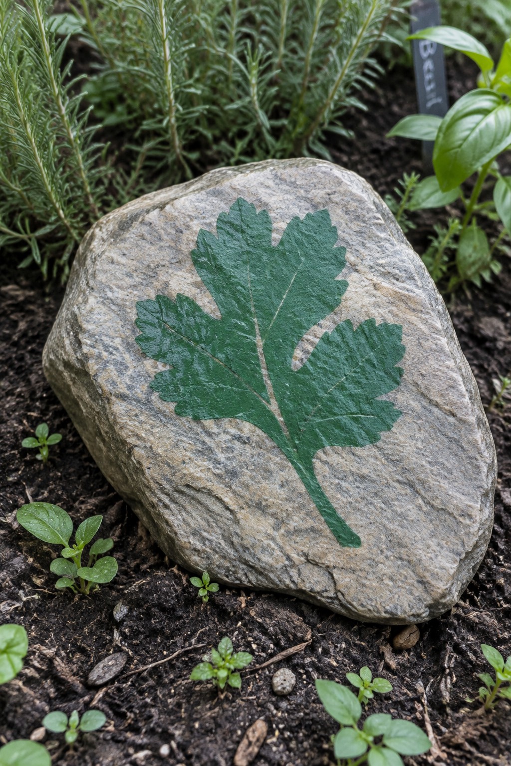 Gray rock with large green painted leaf in garden soil among seedlings