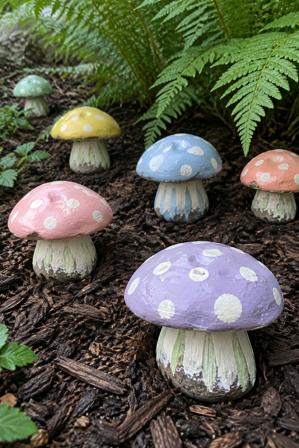 Colorful painted mushroom figurines with white spots among ferns and mulch