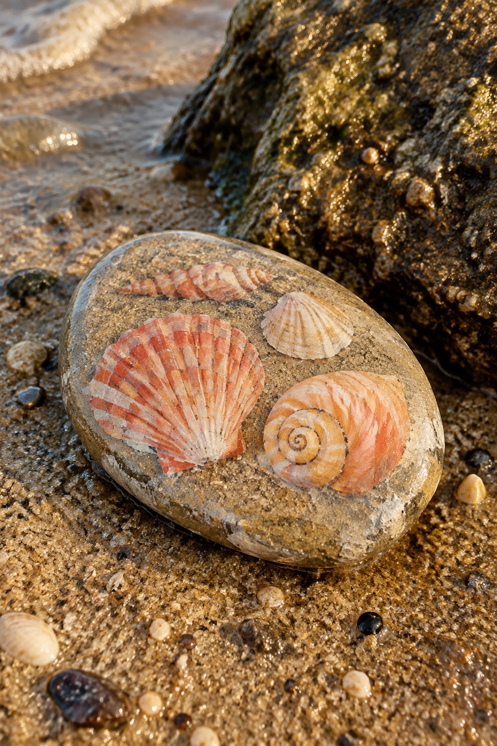 Four painted seashells adorn a wet rock on sandy beach.