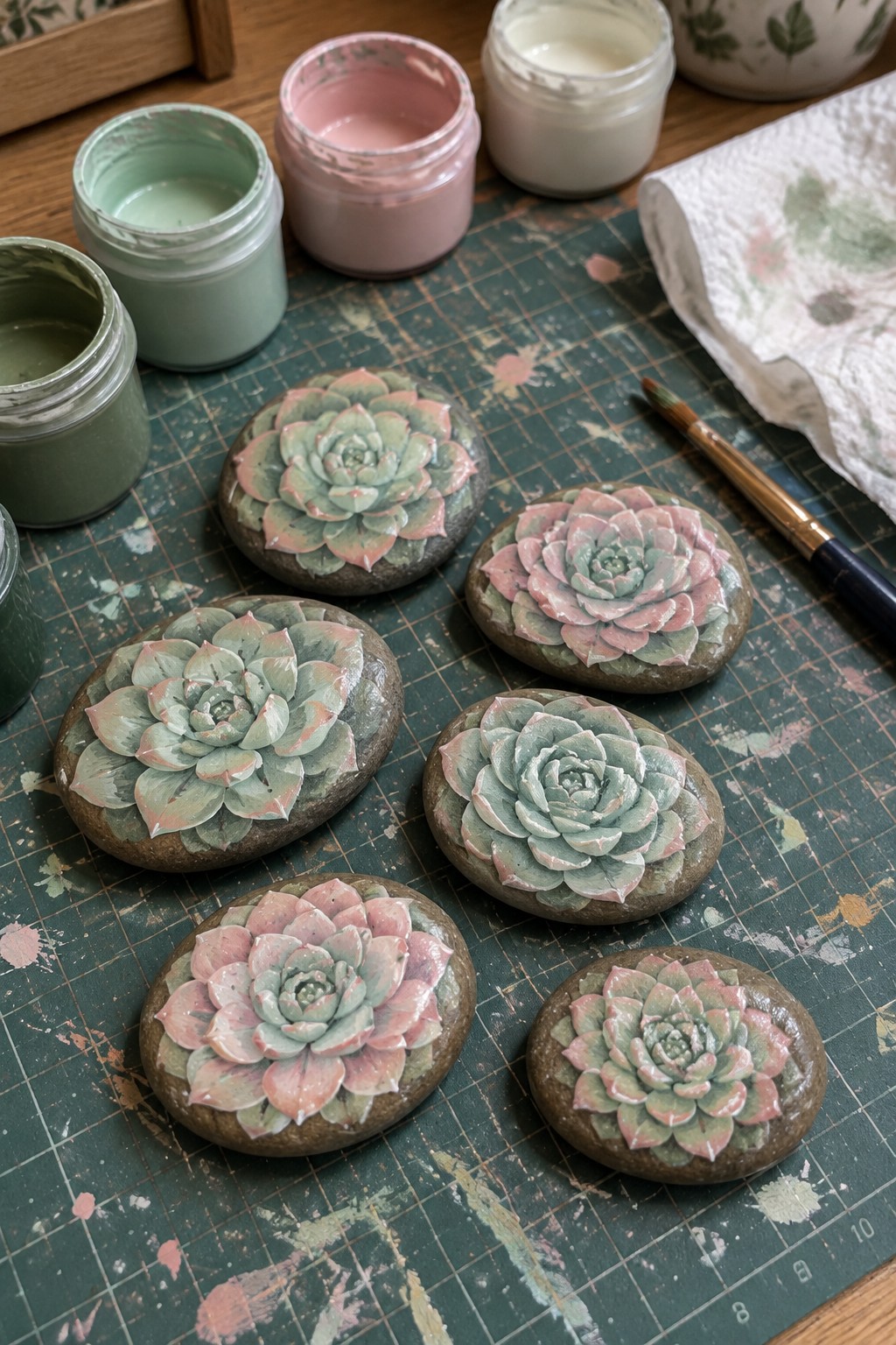 Five succulent-painted rocks on green mat with paint jars and brush