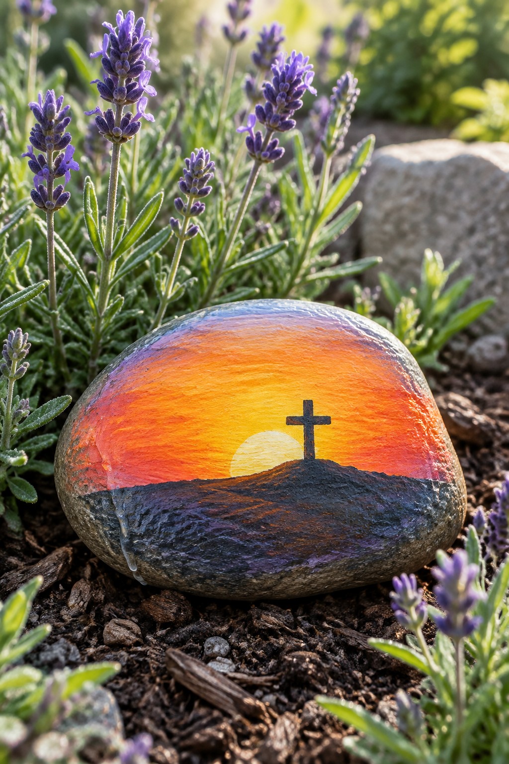 Painted rock with orange sunset, black cross on hill, amid lavender plants