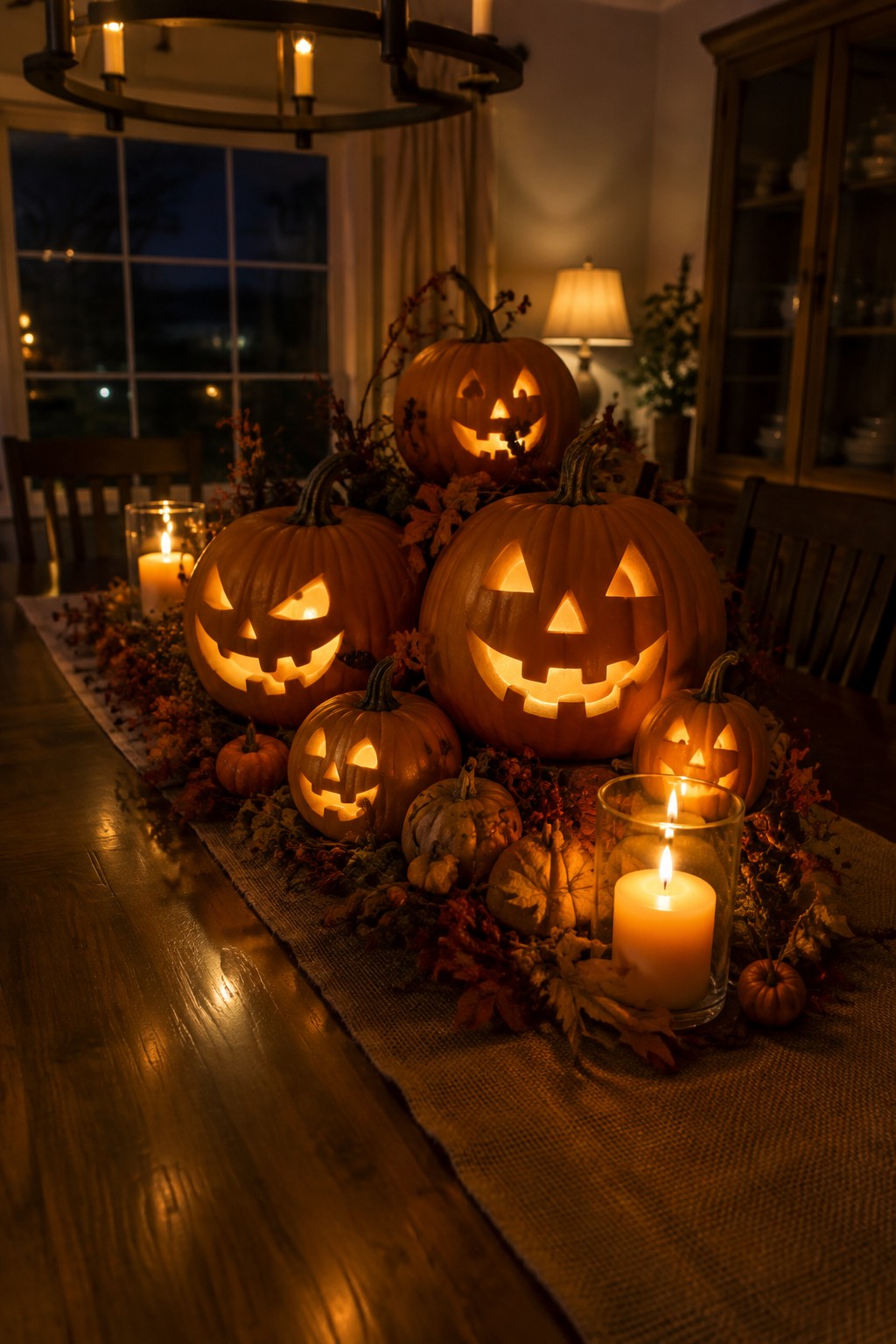 A dining table centerpiece featuring several lit jack-o'-lanterns with varied carved faces arranged on a burlap runner with autumn leaves and candles.