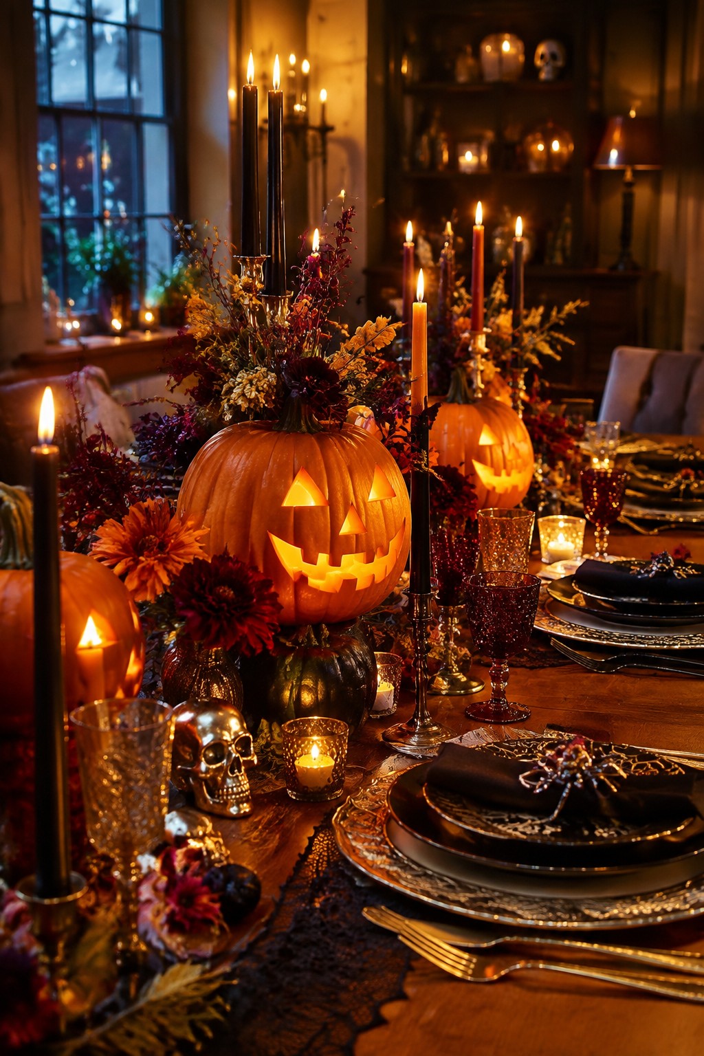 Dining table decorated with multiple carved jack-o'-lanterns, black candles, skulls, and dark florals as a Halloween centerpiece.
