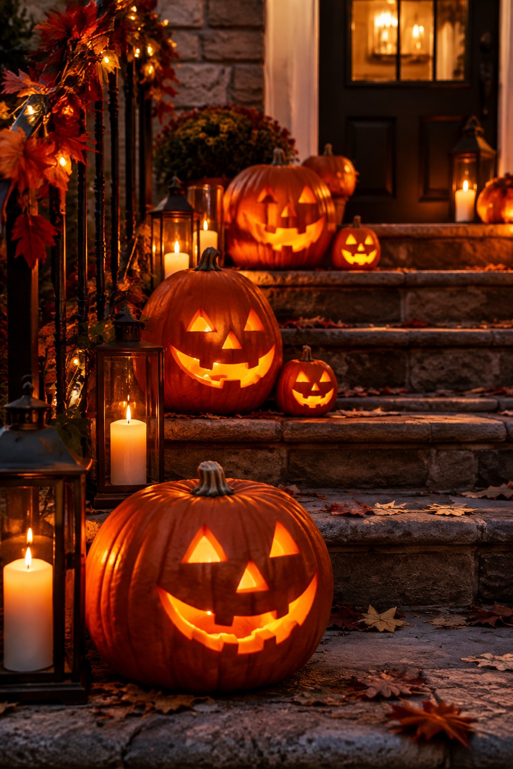 Several glowing jack-o'-lanterns with carved faces placed on stone steps leading to a front door, accompanied by lanterns and scattered leaves.