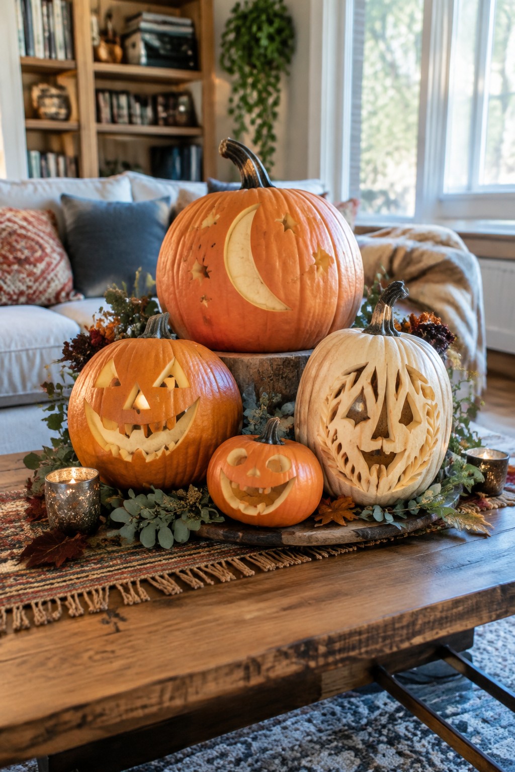 Four carved pumpkins with moon, stars, and spooky faces on autumn table