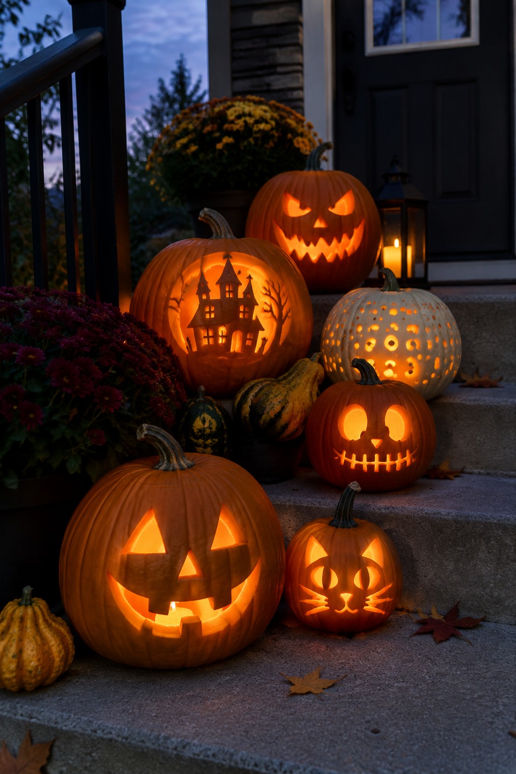 Glowing jack-o'-lanterns with haunted house, cat, and spooky faces on porch steps
