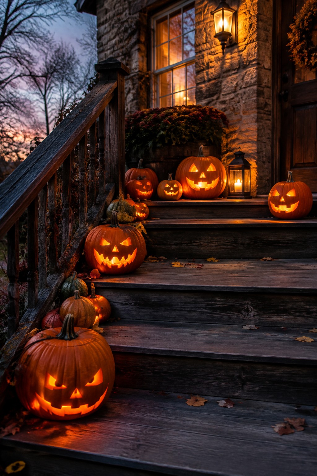 Wooden porch steps lined with multiple glowing jack-o’-lanterns of different sizes in front of a stone house entrance.