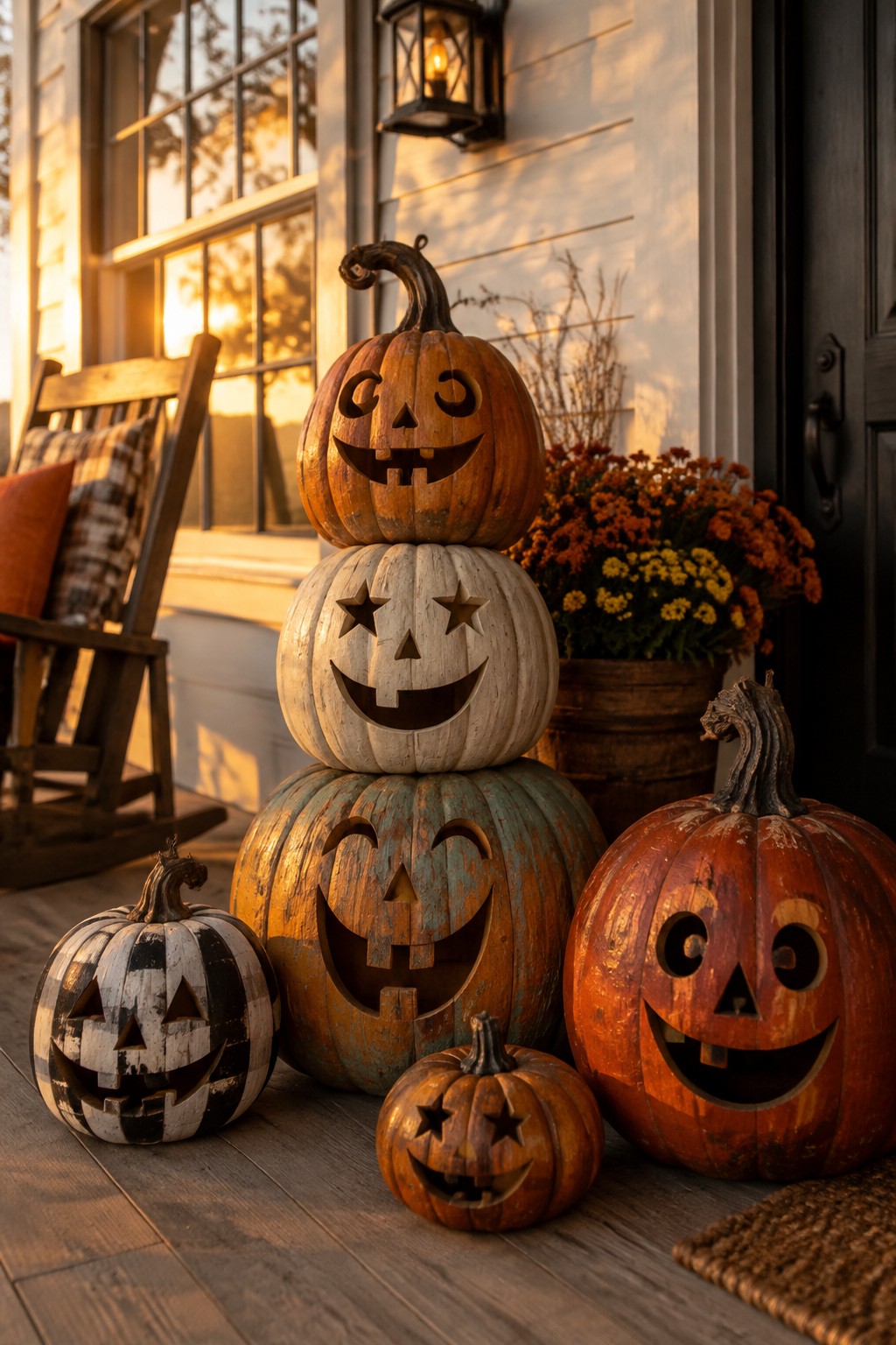 Front porch featuring a tall stack of three carved jack-o'-lanterns with two smaller carved pumpkins placed in front.