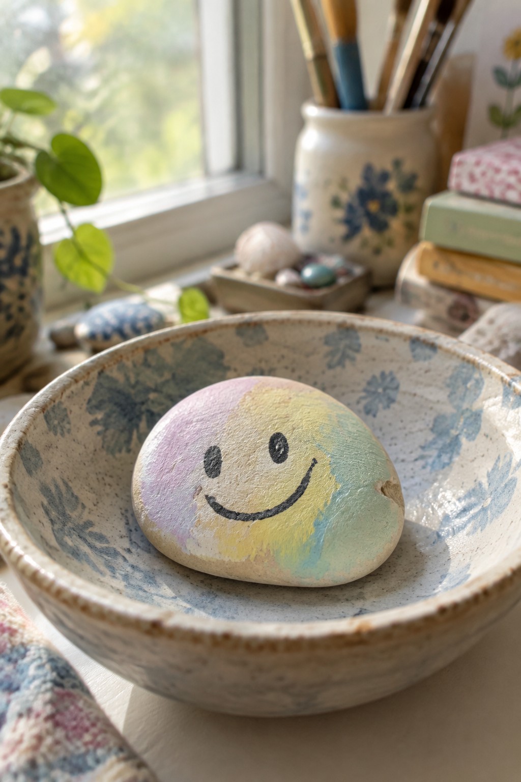 Pastel smiley face rock resting inside a blue floral ceramic bowl on a windowsill