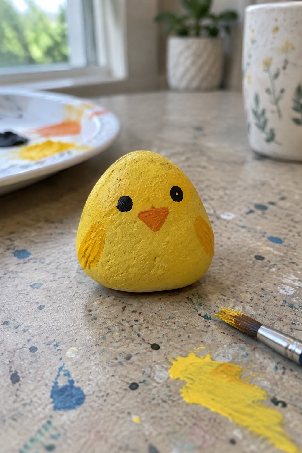 Yellow painted rock chick with black eyes and orange beak on speckled table