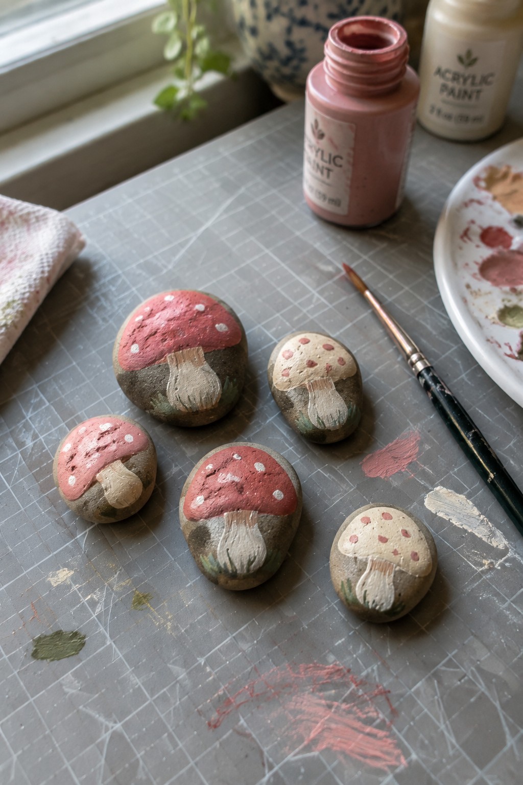 Five small rocks painted as mushrooms with red and beige caps sit on a gray cutting mat next to paint supplies.