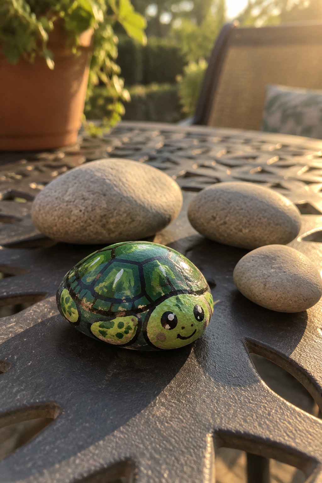 Green painted turtle rock with smiling face on metal patio table among plain stones.