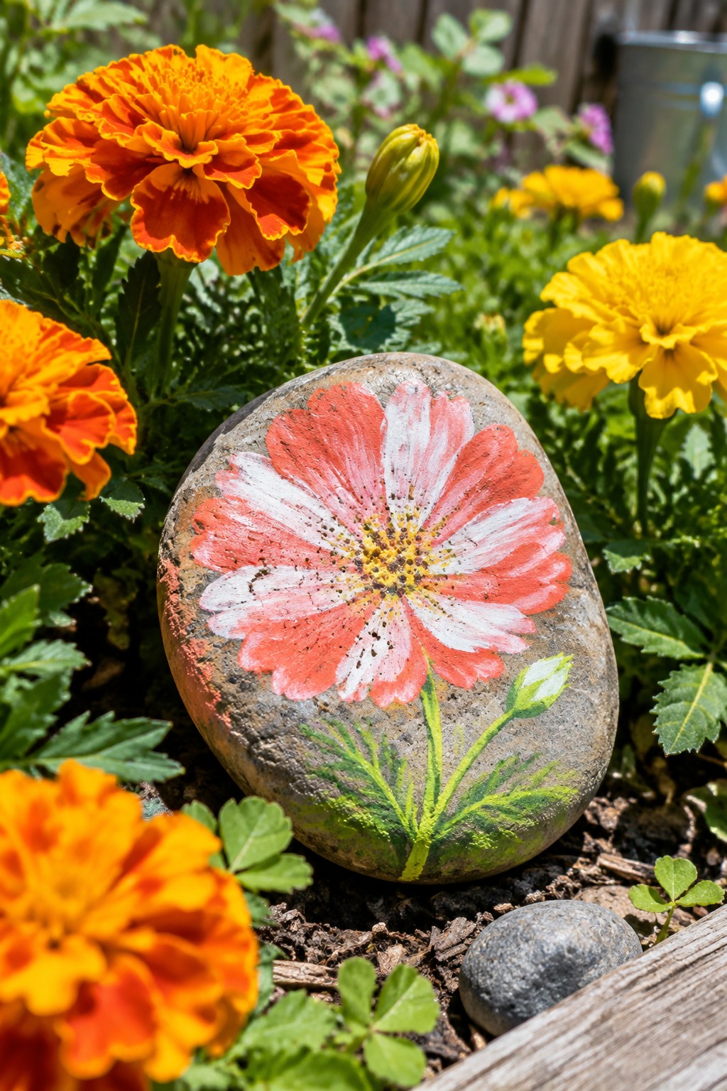 Painted rock with red and white flower amid orange and yellow marigolds in garden