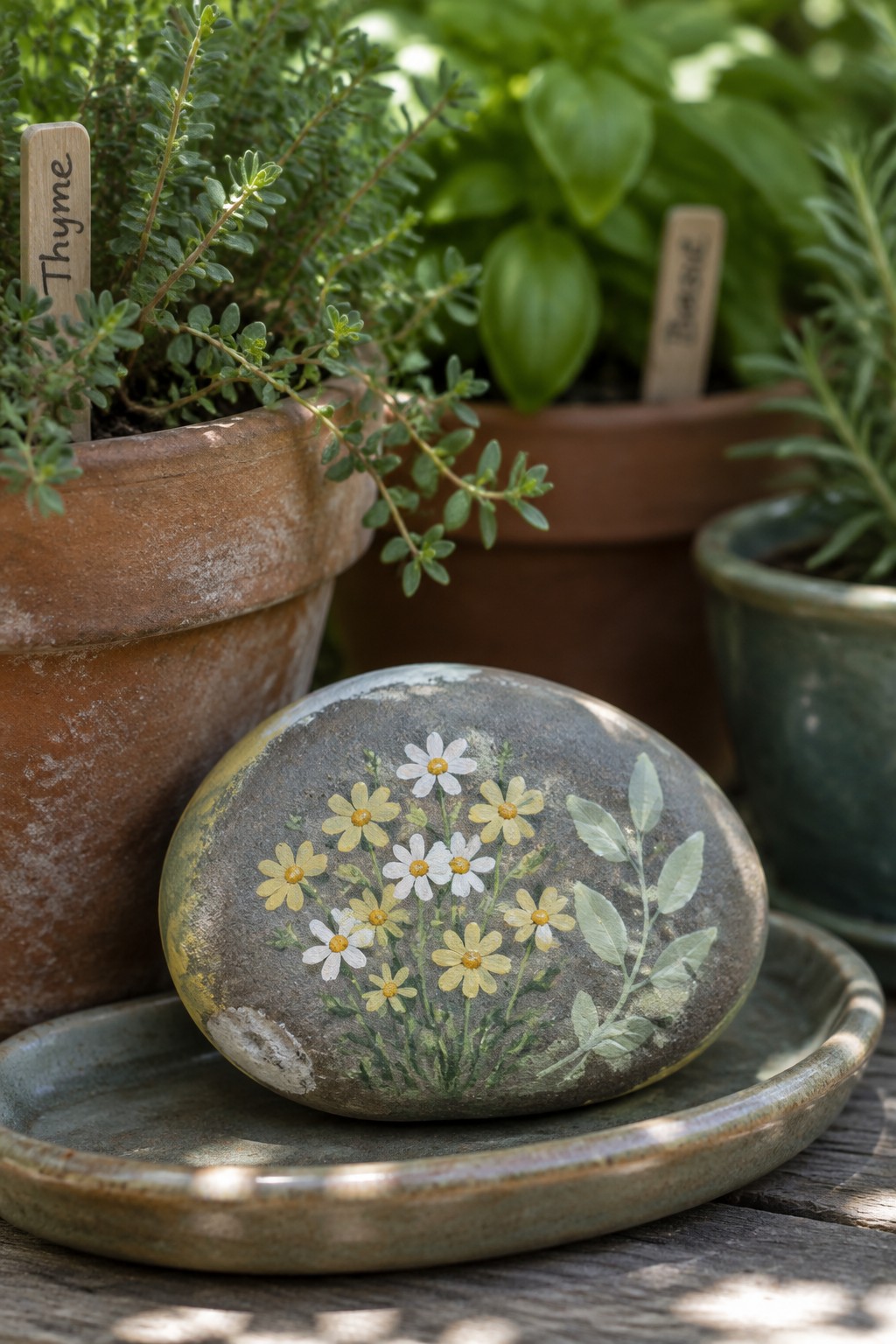 Painted rock with yellow and white daisies on a dish amid herb pots
