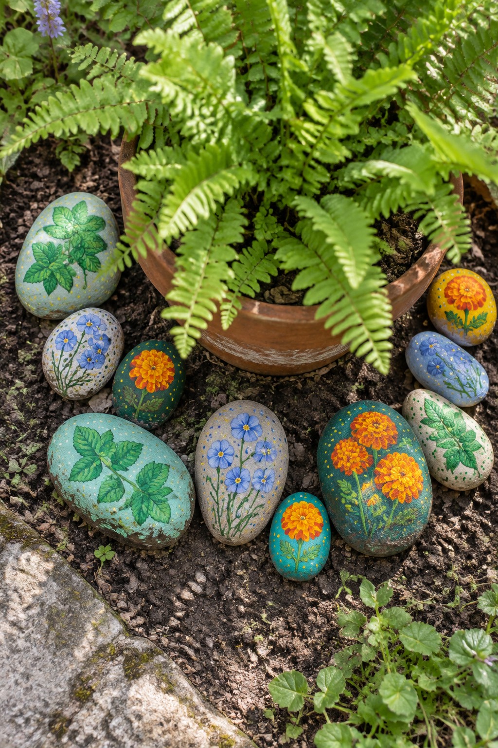 Colorful painted rocks with flowers and leaves surround a potted fern in soil.