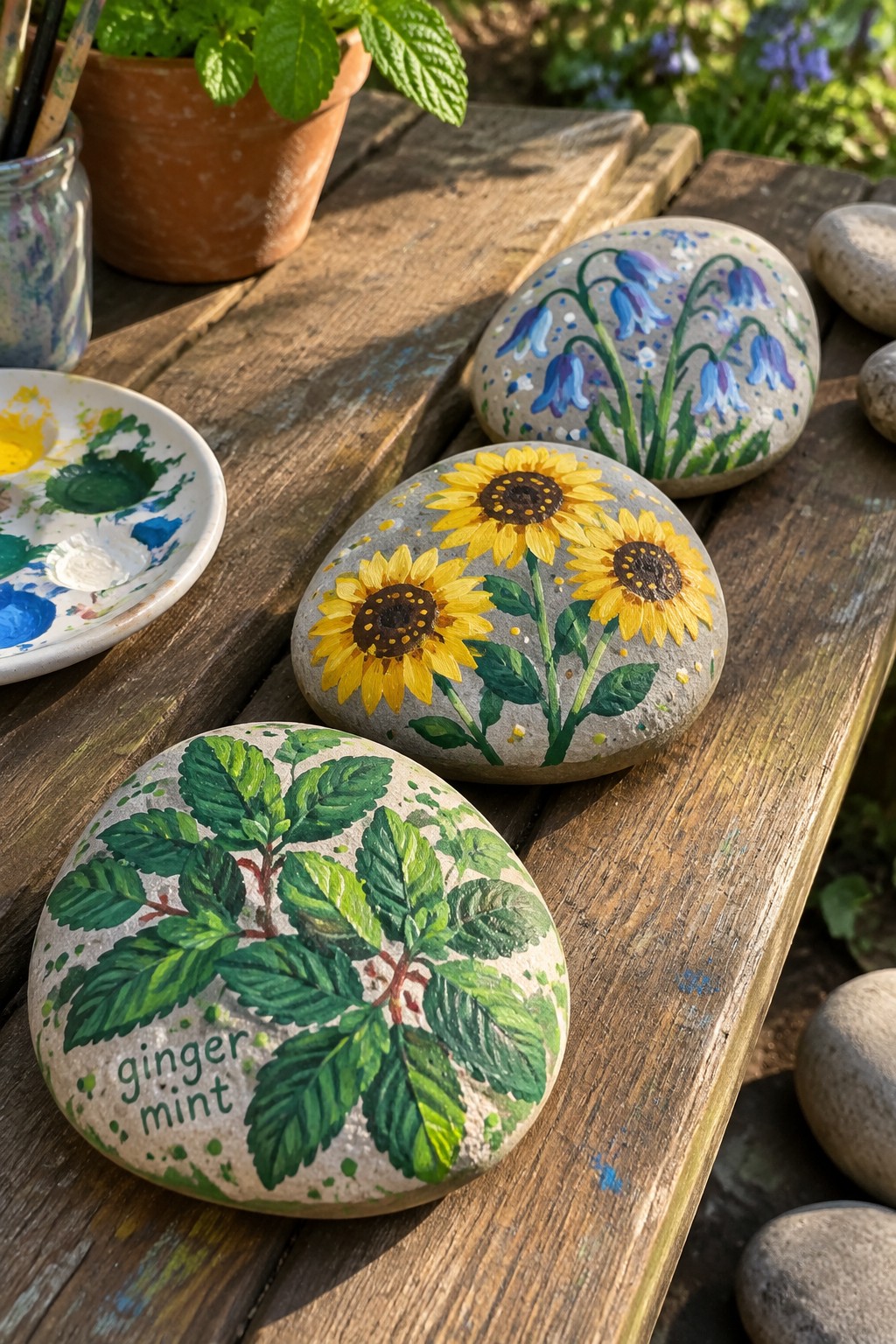 Painted rocks with sunflowers, bluebells, and ginger mint on wooden table