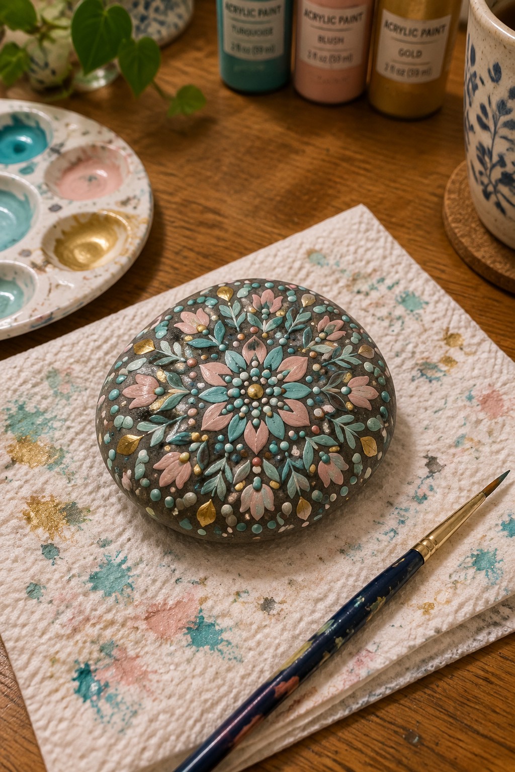 Mandala-painted stone in turquoise, pink, and gold beside paintbrush on splattered towel