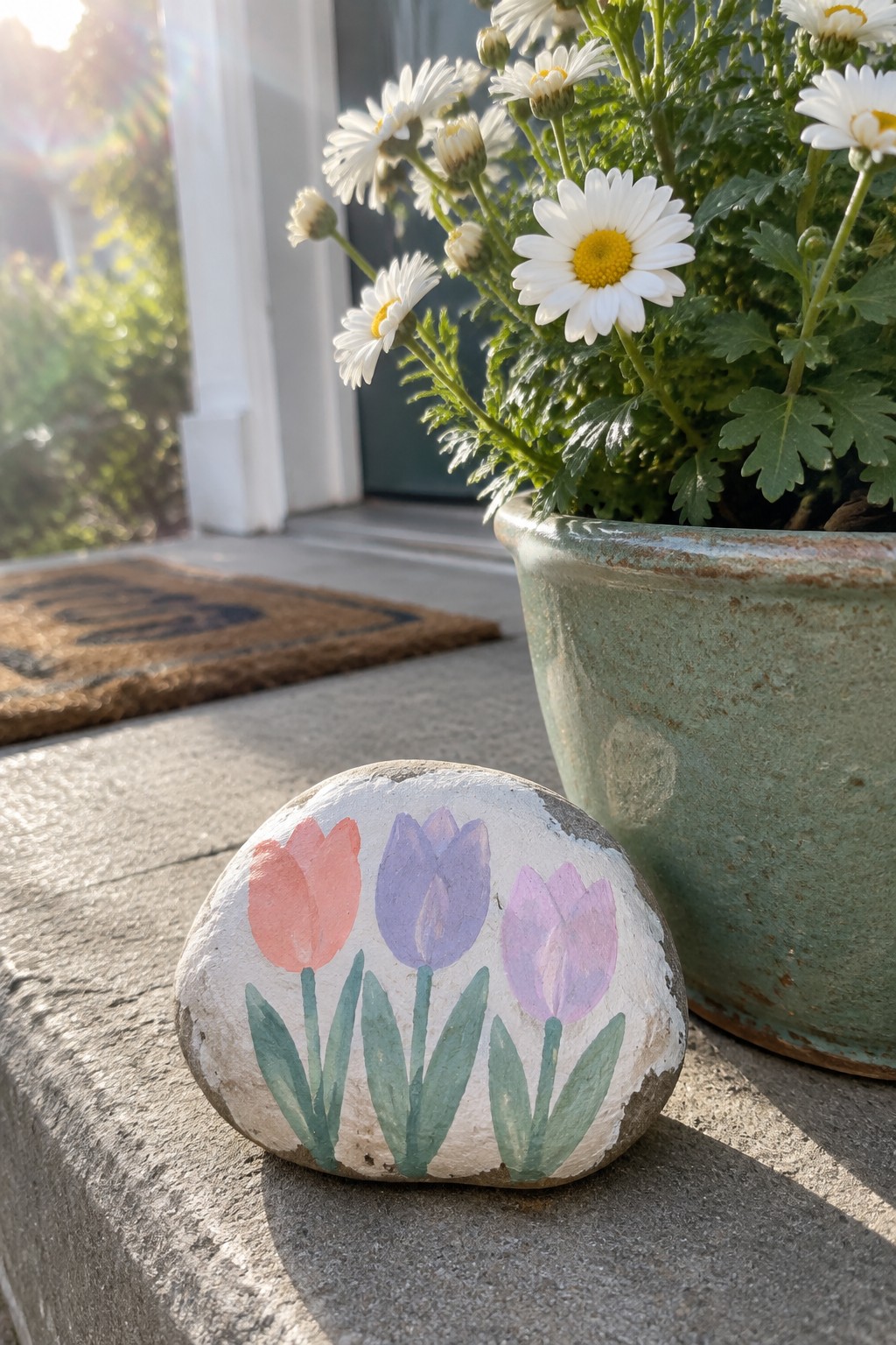 Painted rock with pink and purple tulips beside a green pot of white daisies.
