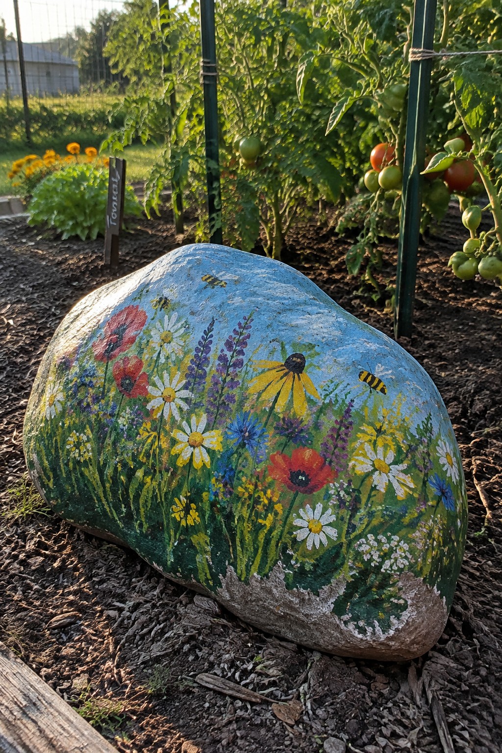 Large rock painted with colorful wildflowers, bees, and sky in tomato garden