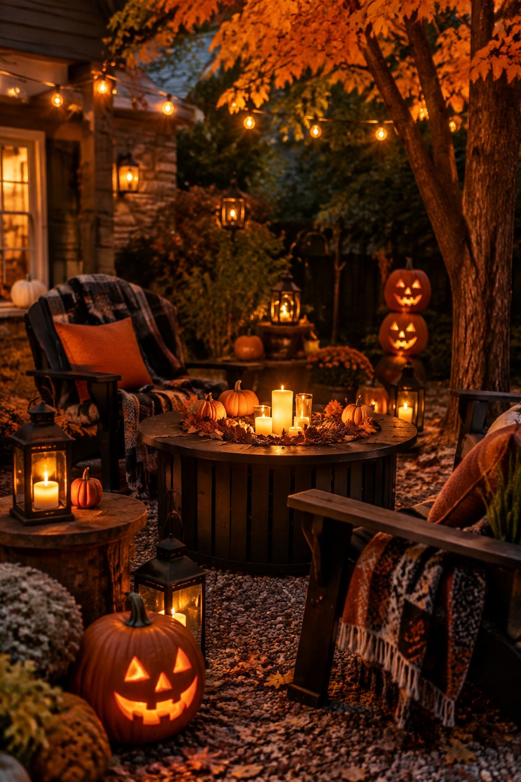 Cozy autumn patio with jack-o'-lanterns, candlelit fire pit, string lights, and plaid chairs.